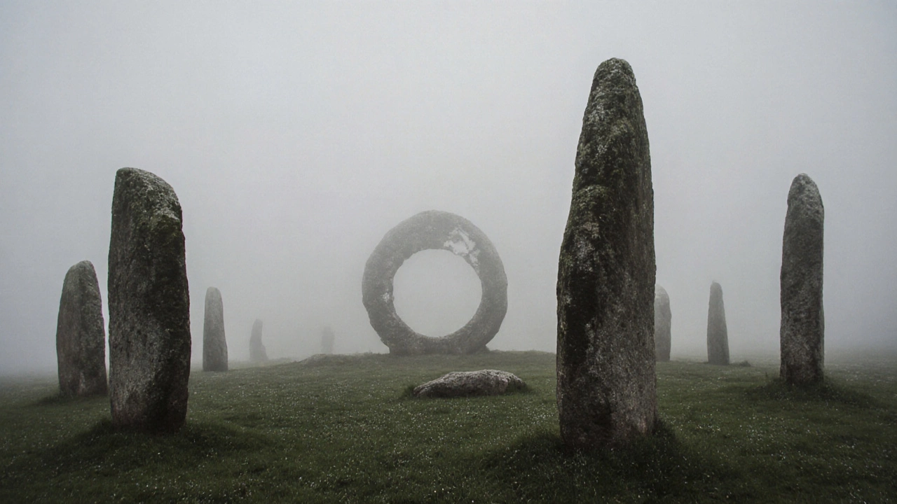 Foggy morning at Stanton Drew Stone Circles, ancient stones rising silently from a quiet field.