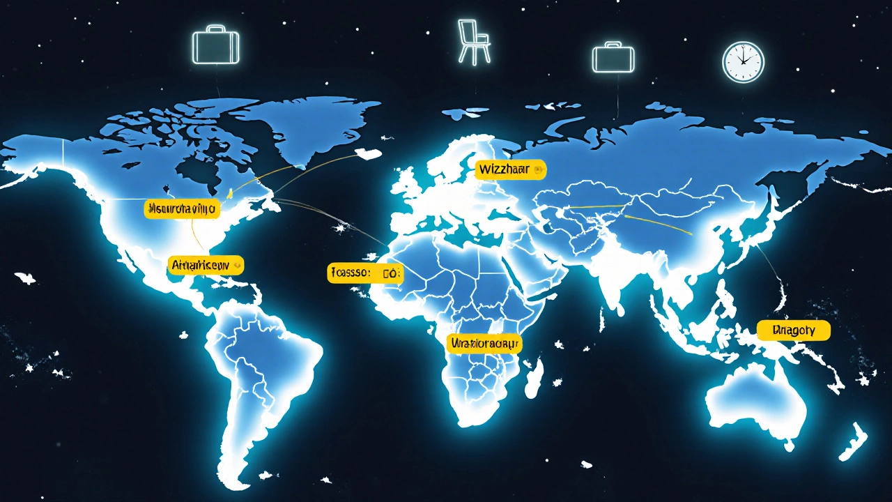 Global map with glowing budget flight routes and hidden fee icons floating above.