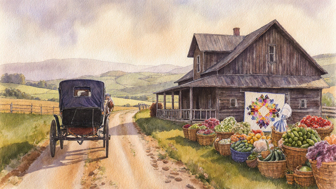 Horse-drawn buggy on a quiet road in Amish Country, Ohio, with farmland and a wooden market stall.