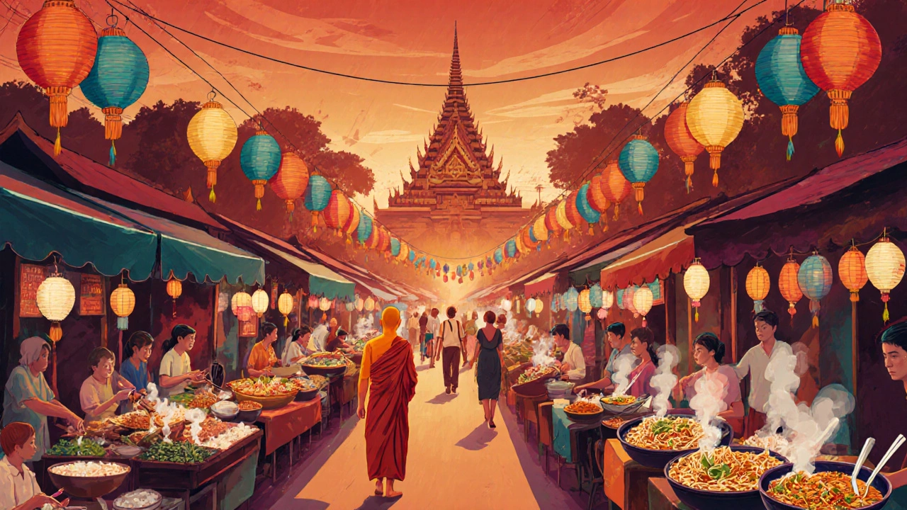 Night market in Chiang Mai with lanterns and street food stalls