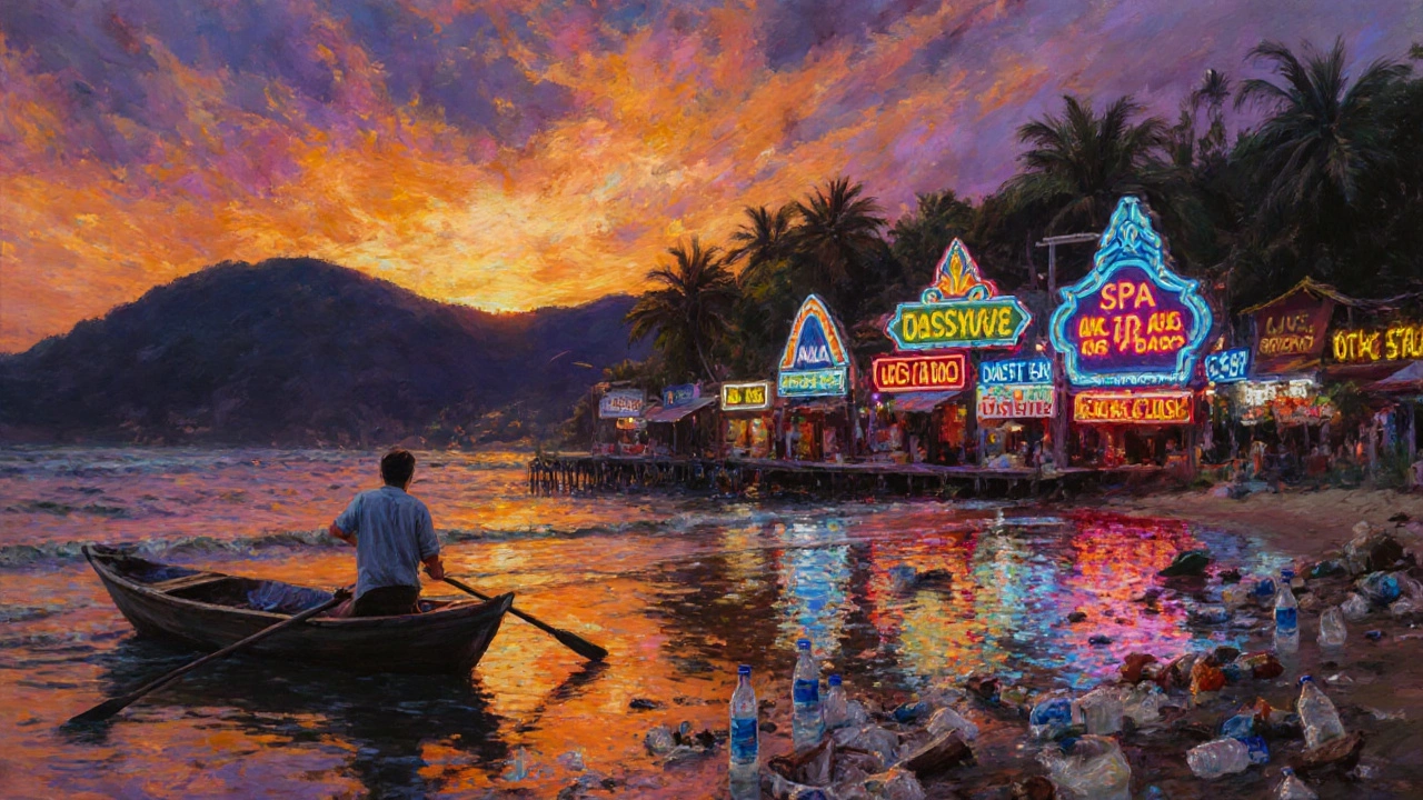 Phuket&#039;s Patong Beach at dusk with neon signs, plastic waste, and a lone fisherman.