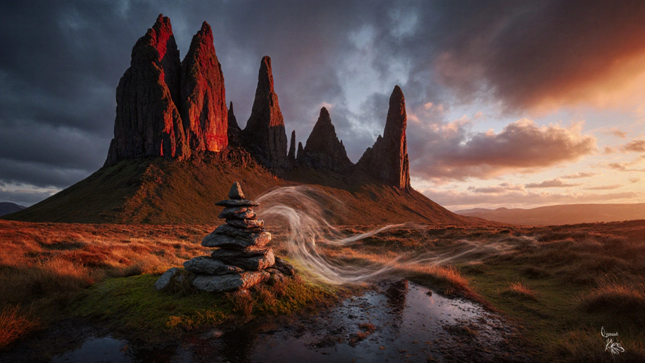 Sunrise over the Quiraing&#039;s red-orange rock spires with mist and moss, no people present.