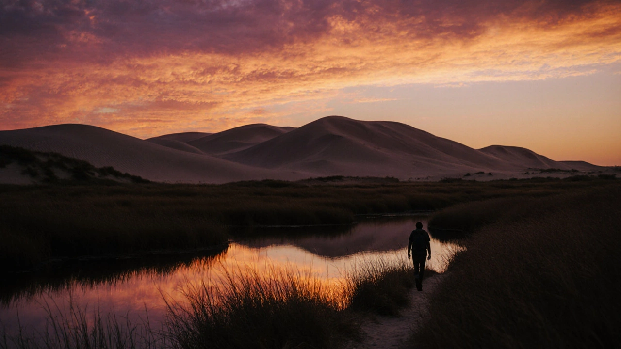 Sunset over towering sand dunes at Indiana Dunes National Park, with Lake Michigan in the distance.
