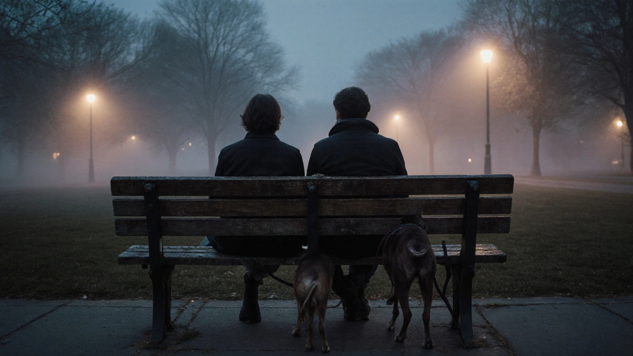 Two people with dogs sitting together on a park bench at dusk.