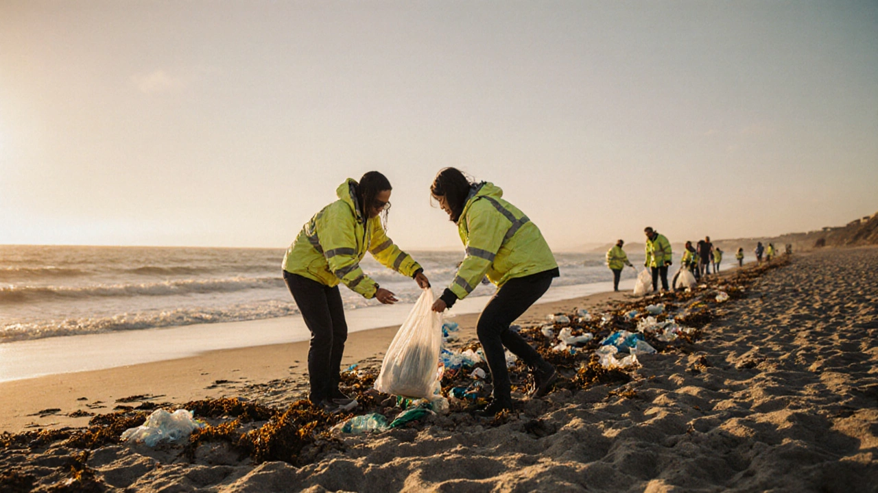 Volunteers cleaning a beach at sunset, handing each other a trash bag with quiet camaraderie.