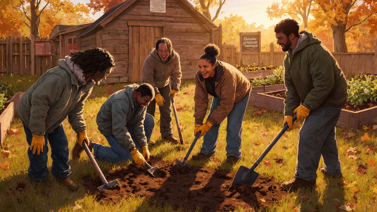 Volunteers working together in a community garden during autumn.