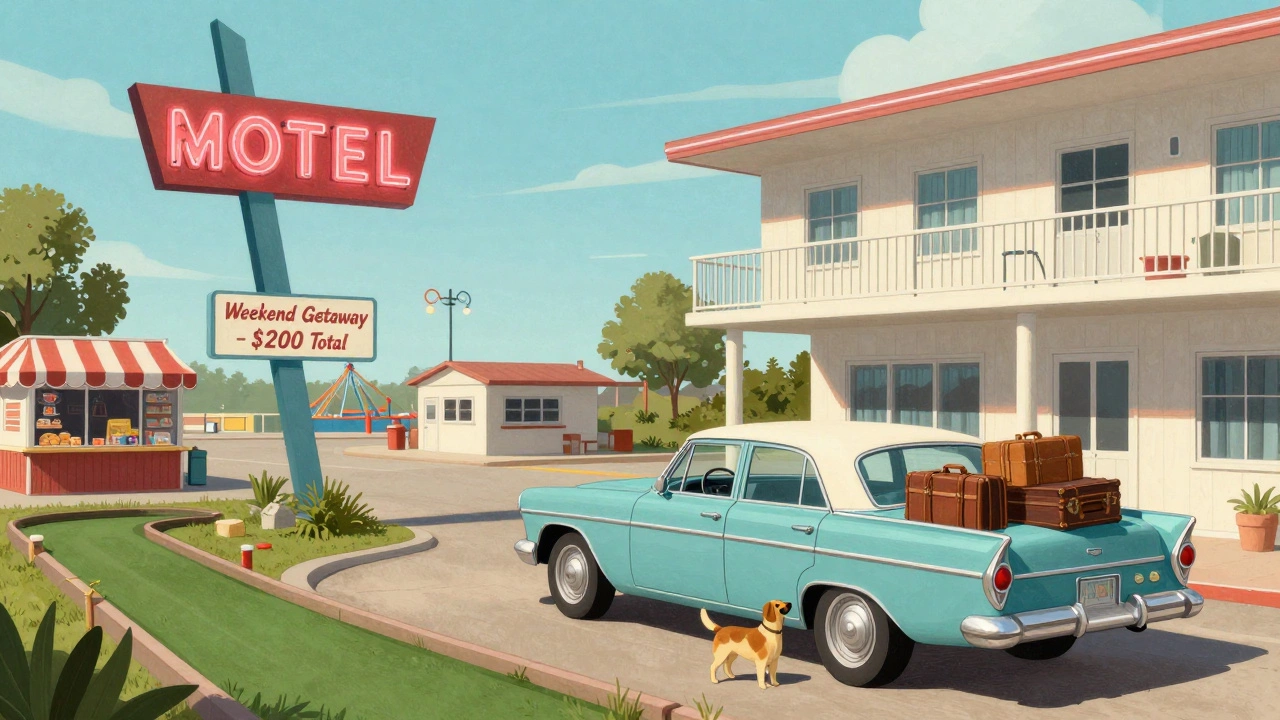 A 1950s family arriving at a neon-lit motel for an affordable beach getaway.