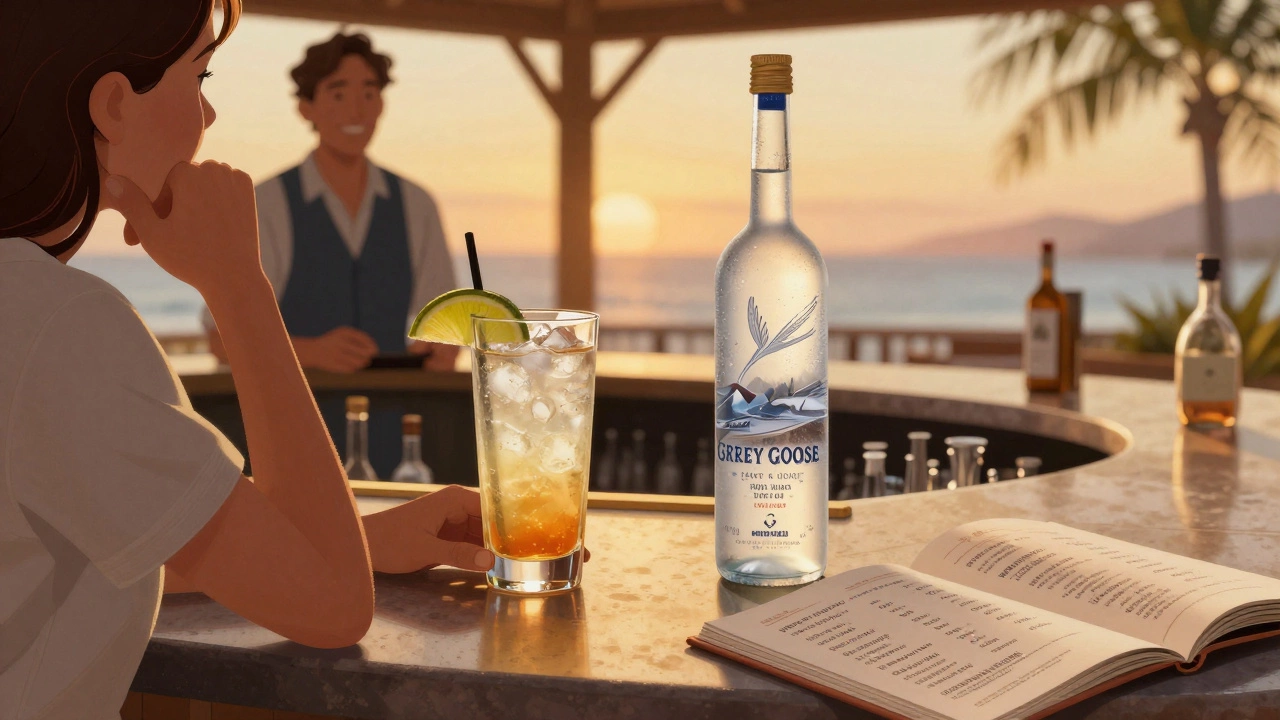 A guest choosing between included and premium drinks at a resort bar.