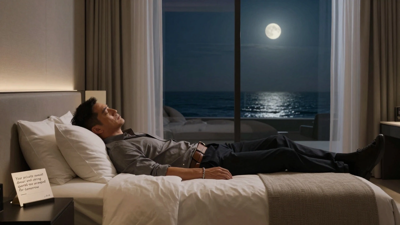 A peaceful luxury suite at night with no electronics, moonlight on the ocean, and a personalized note on the nightstand.