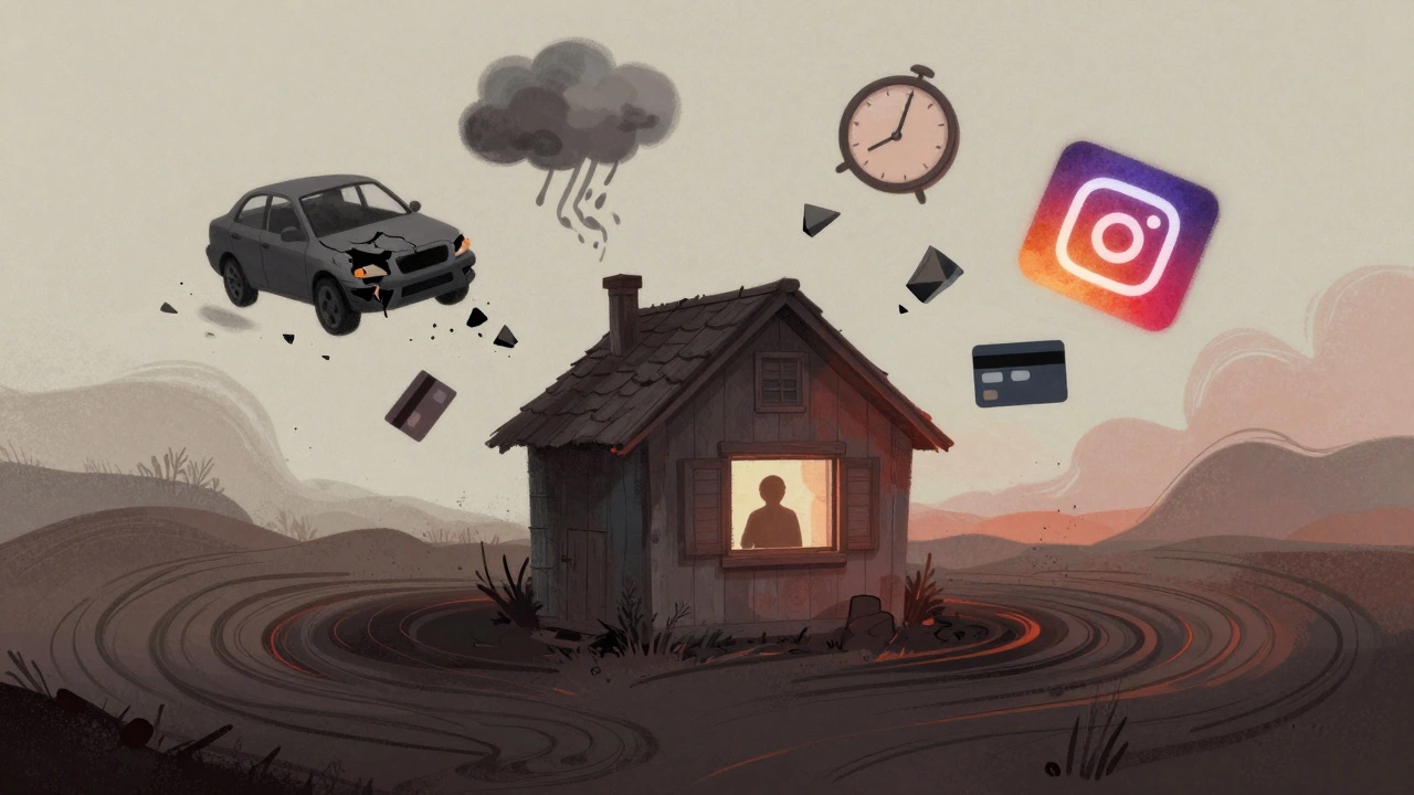 Abstract illustration of a cabin surrounded by floating anxious thoughts like storm clouds and broken cars.