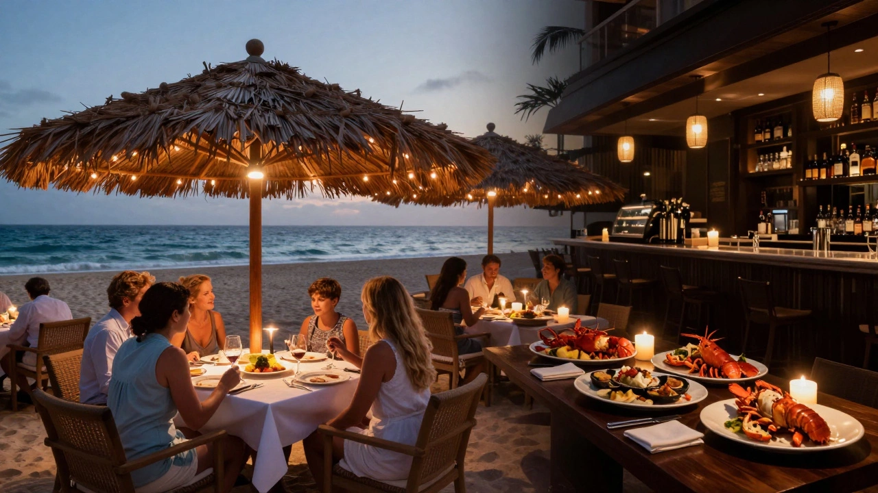 Contrasting scene of casual dining versus upscale restaurant experience at an all-inclusive resort.