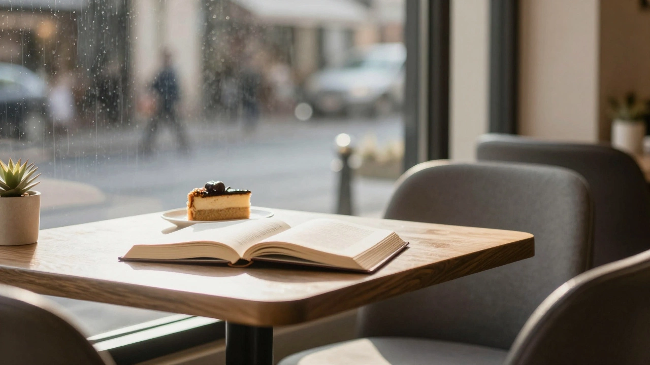 Empty café table with book and cake, rain on window, soft afternoon light.