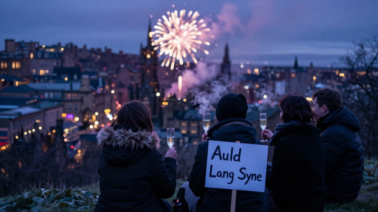 Friends toasting New Year’s Eve with fireworks in the background in Edinburgh.