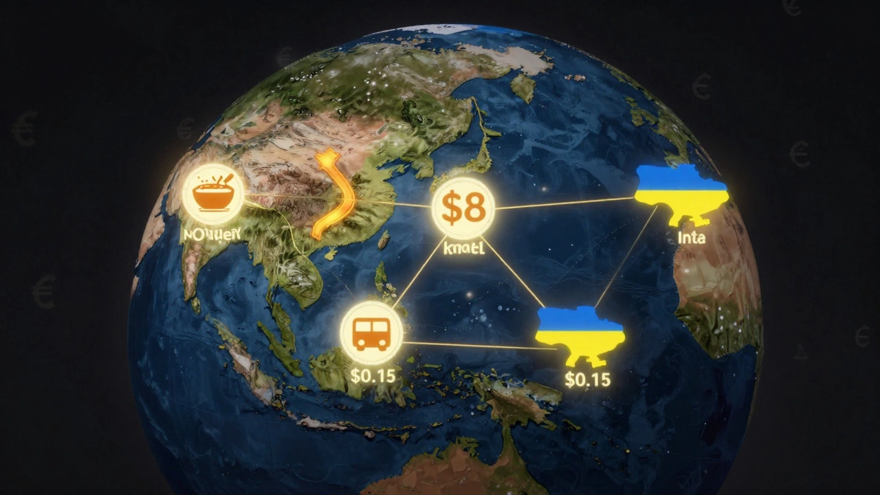 Globe showing five budget travel destinations with icons of affordable experiences.
