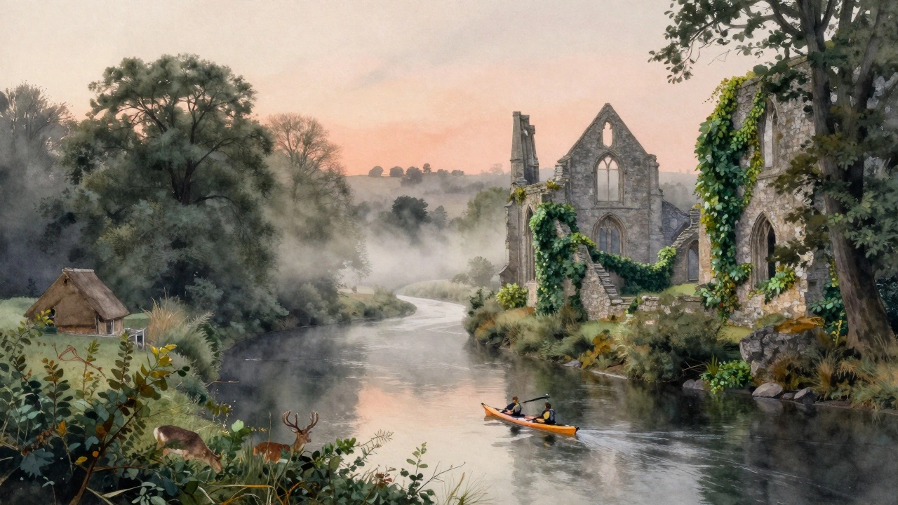 Misty river valley at dawn with ancient ruins and kayaker on calm water, surrounded by forest and cliffs.