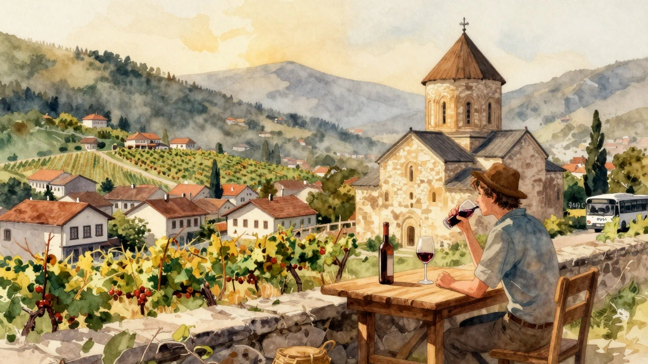 Peaceful Georgian village with wine and ancient church under golden sunset light.
