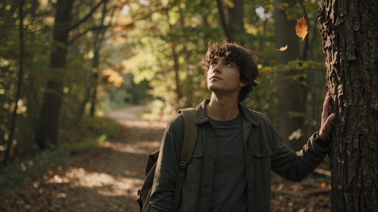 Person standing peacefully on forest trail at sunset, hand on tree, golden light filtering through leaves.
