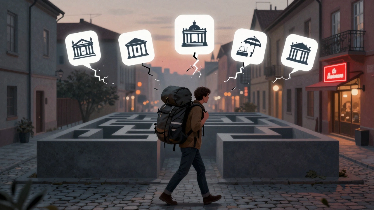 Person walking crowded streets with fading icons of tourist spots floating above their head.