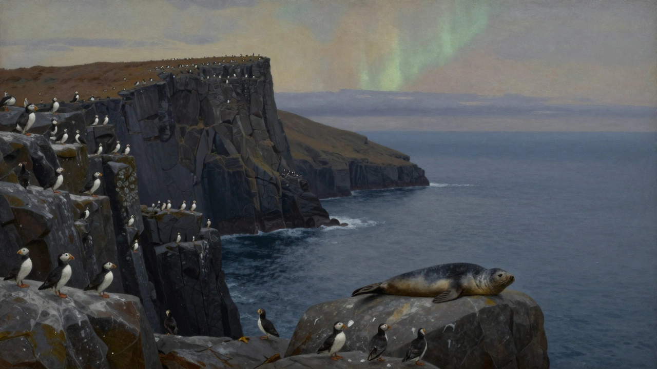 Rocky islands at twilight with seabirds and seals on cliffs under faint northern lights, no humans.