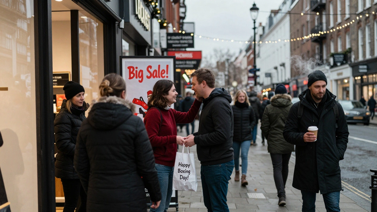 Shoppers on Boxing Day in a London street, shopkeeper handing out a bag.