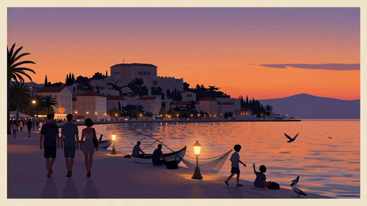 Sunset on Split&#039;s waterfront promenade with silhouettes of people, lanterns glowing, and palace in the distance.