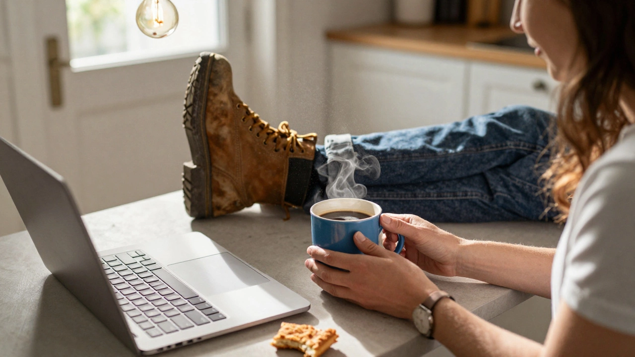 A blue mug of coffee placed beside a man's laptop, with a changed lightbulb visible in the background.