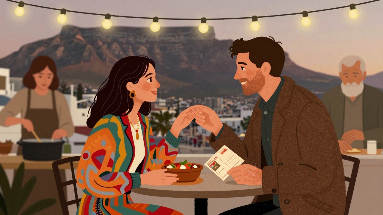 A couple reunites in Cape Town, sharing stories and food from their solo trips, surrounded by memories of strangers.