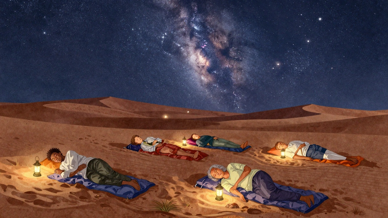 A diverse group sleeps under a starry desert sky, no tents, only sleeping bags and soft lantern light.