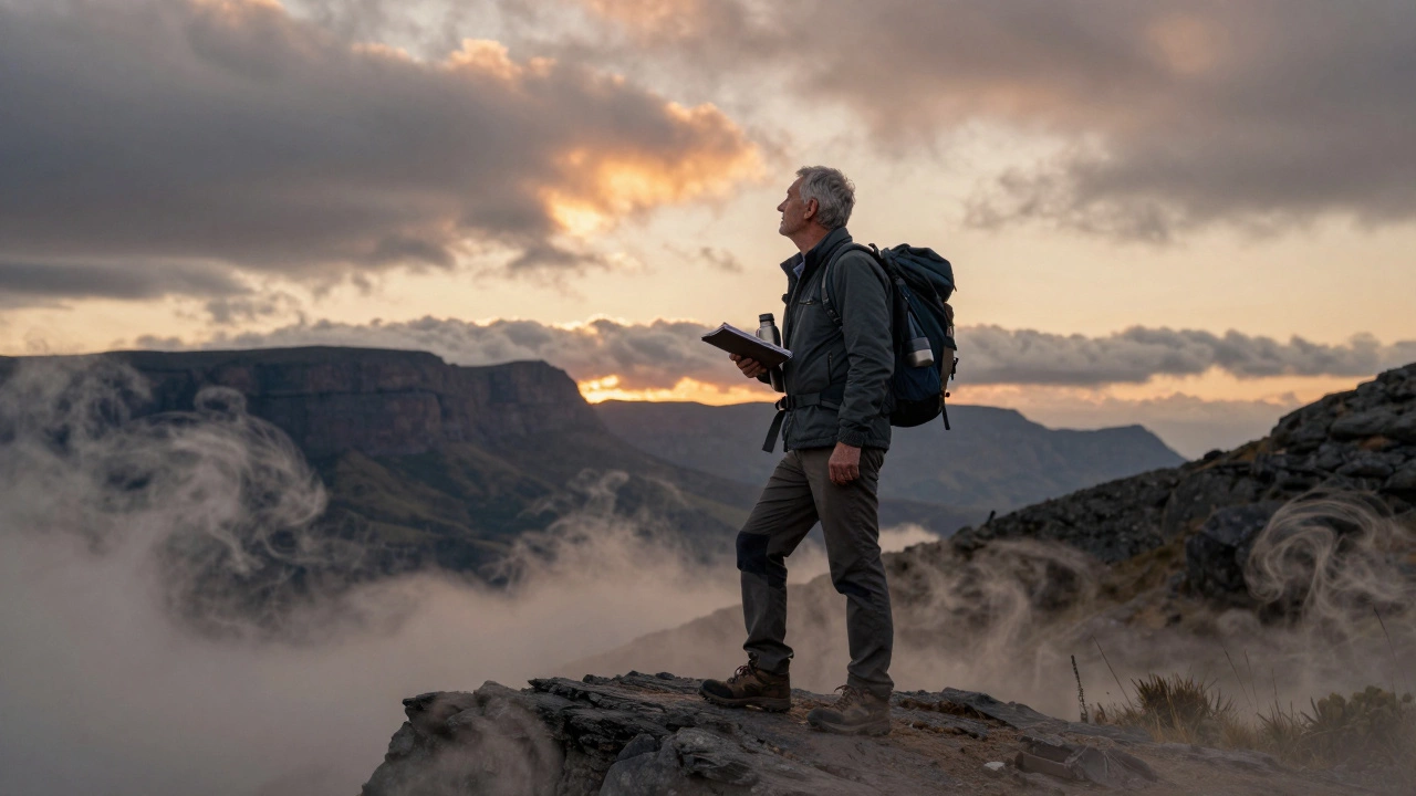 An elderly hiker walks alone through mountain trails at sunset, carrying a thermos and notebook.