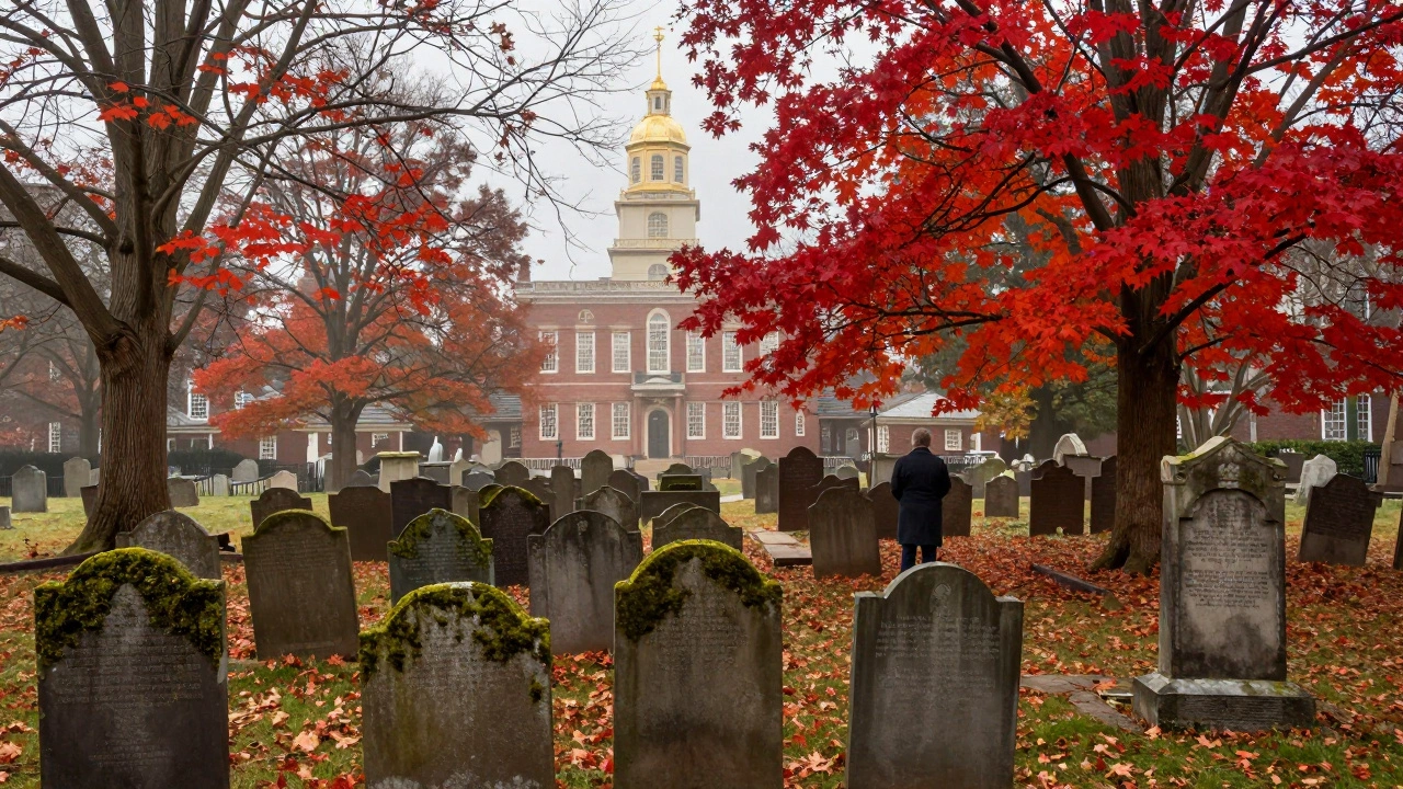 Ancient gravestones in Granary Burying Ground surrounded by red autumn leaves and mist.