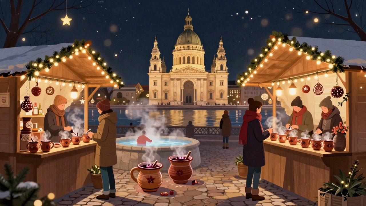 Budapest Christmas market at night with lanterns, thermal steam, and historic architecture glowing softly.