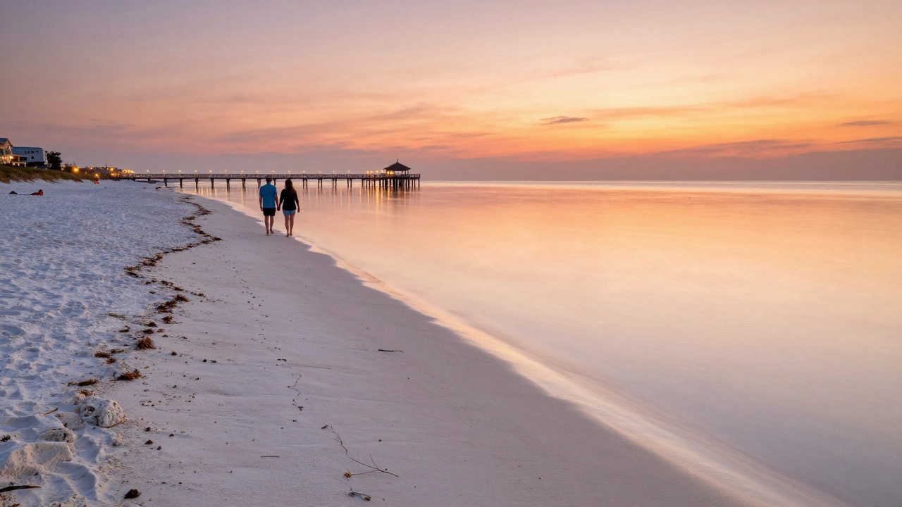 Clearwater Beach at sunset with white sand and pink-orange sky reflecting on calm water.
