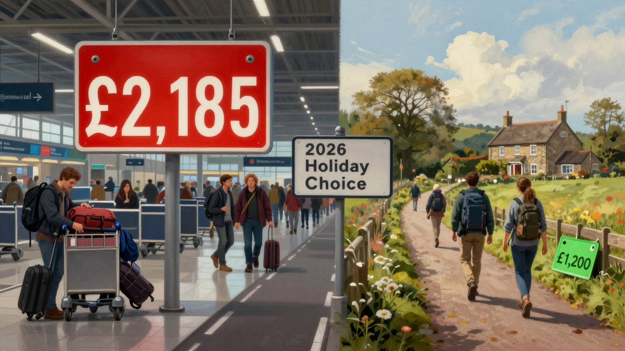 Conceptual split scene: chaotic airport with high cost vs peaceful UK countryside with low cost, symbolizing holiday choices in 2026.
