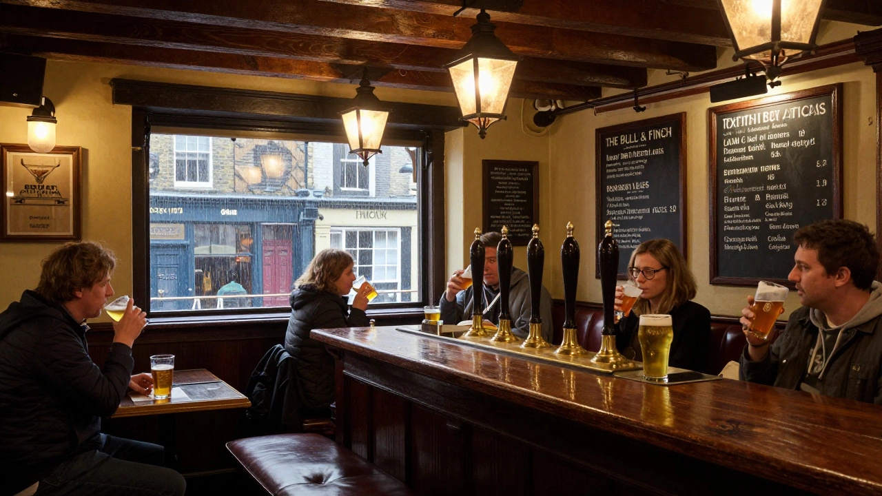 Cozy British-style pub interior in Boston with patrons drinking ale and rain on the windows.