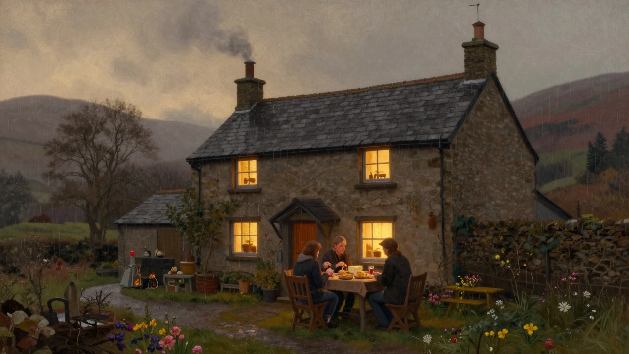 Cozy Lake District cottage at dusk with warm light, couple enjoying a homemade meal, misty hills and gentle rain outside.