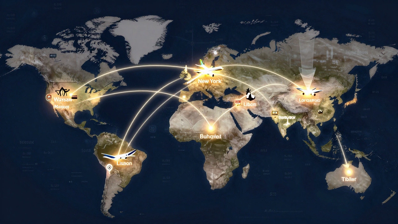 Global map showing flight paths to five budget cities with icons for transport, food, and lodging.