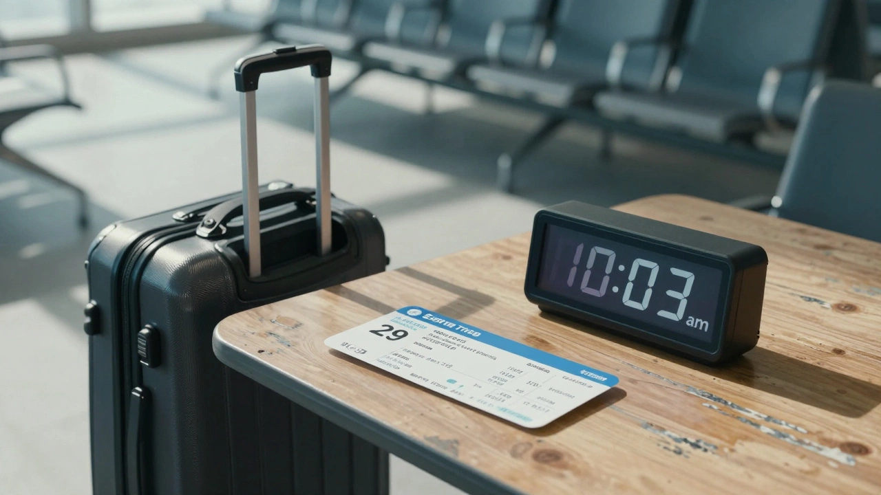 Lone suitcase and  boarding pass on a table with clock showing 10:03 a.m. Eastern Time.