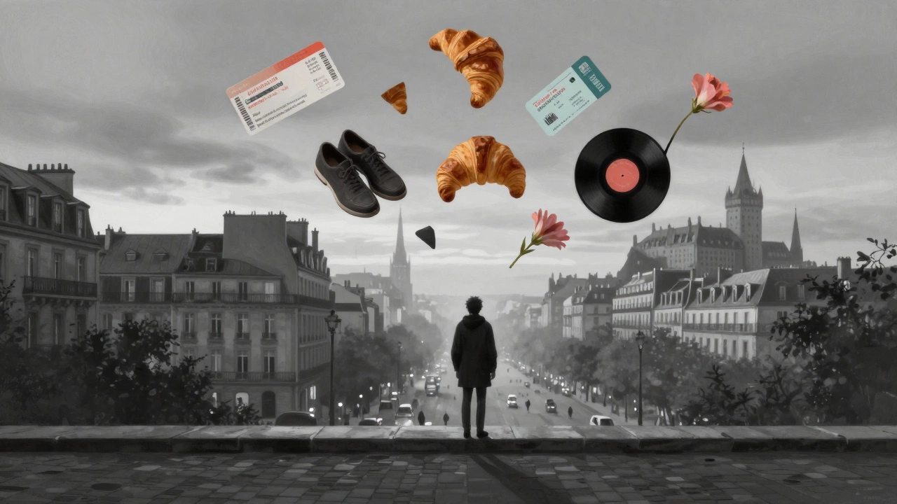 Person standing in a city square as floating travel symbols dissolve into misty urban skylines.