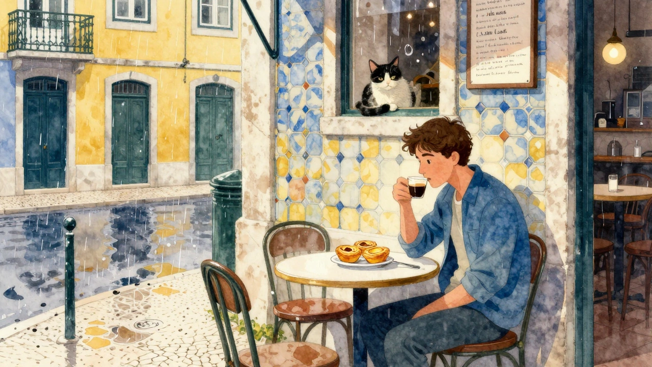 Solo traveler enjoying espresso and pastries at a rainy Lisbon café with tiled buildings and a cat on the windowsill.