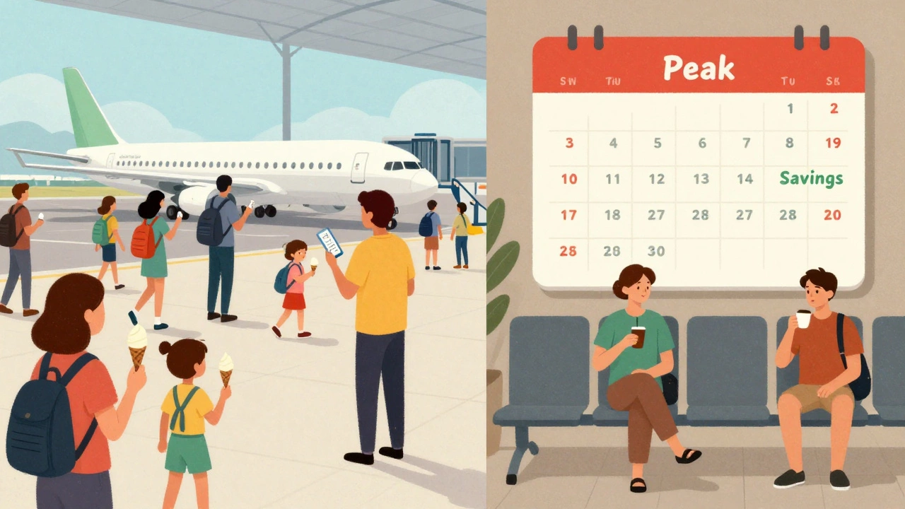Split scene showing busy summer travel versus quiet autumn departure at an airport.