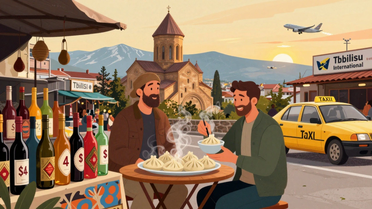 Traveler eating khinkali in Tbilisi's Old Town with wine bottles and mountain views in the background.