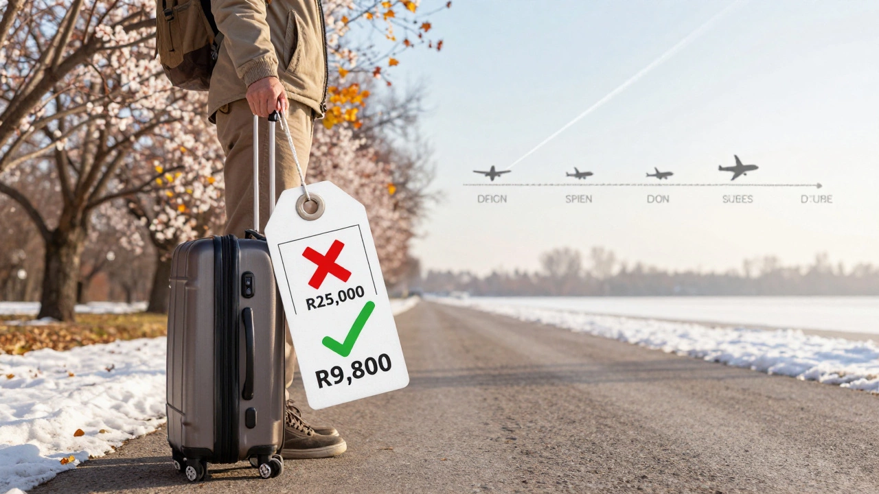 Traveler holding suitcase with price tag splitting between expensive and affordable fares.