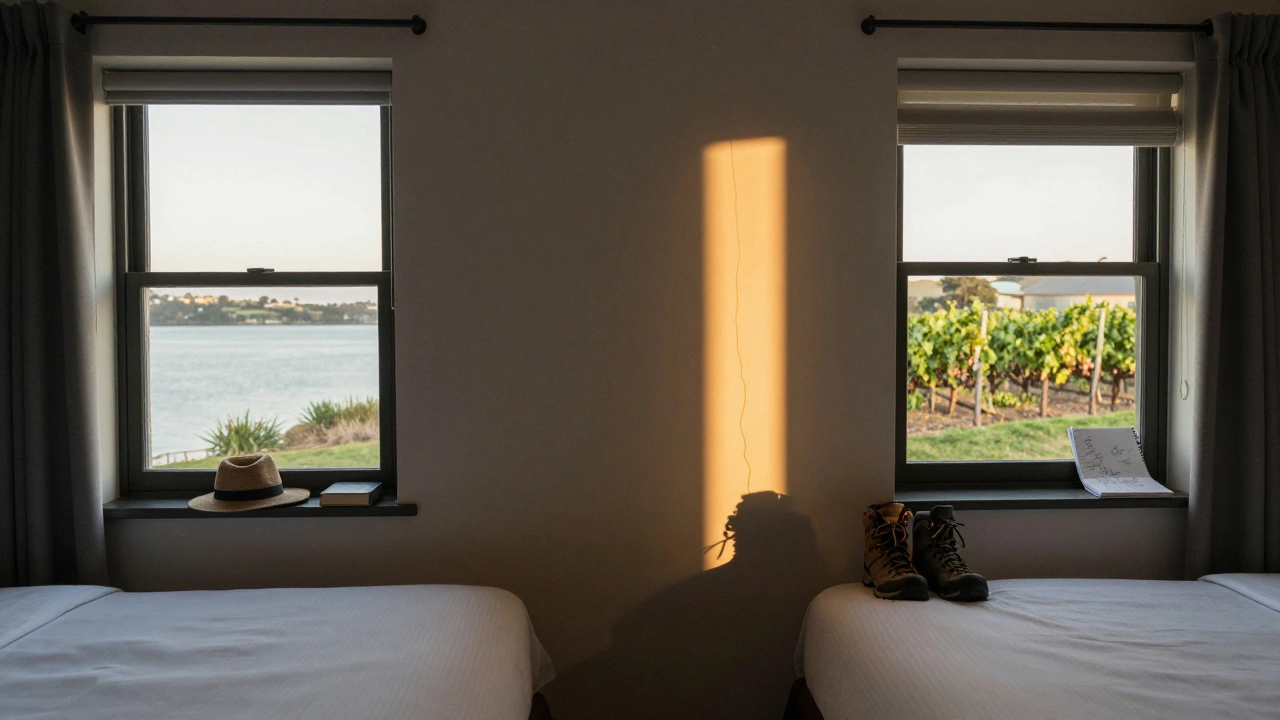 Two empty hotel rooms with personal items, connected by a thread of light, symbolizing independent journeys that strengthen love.