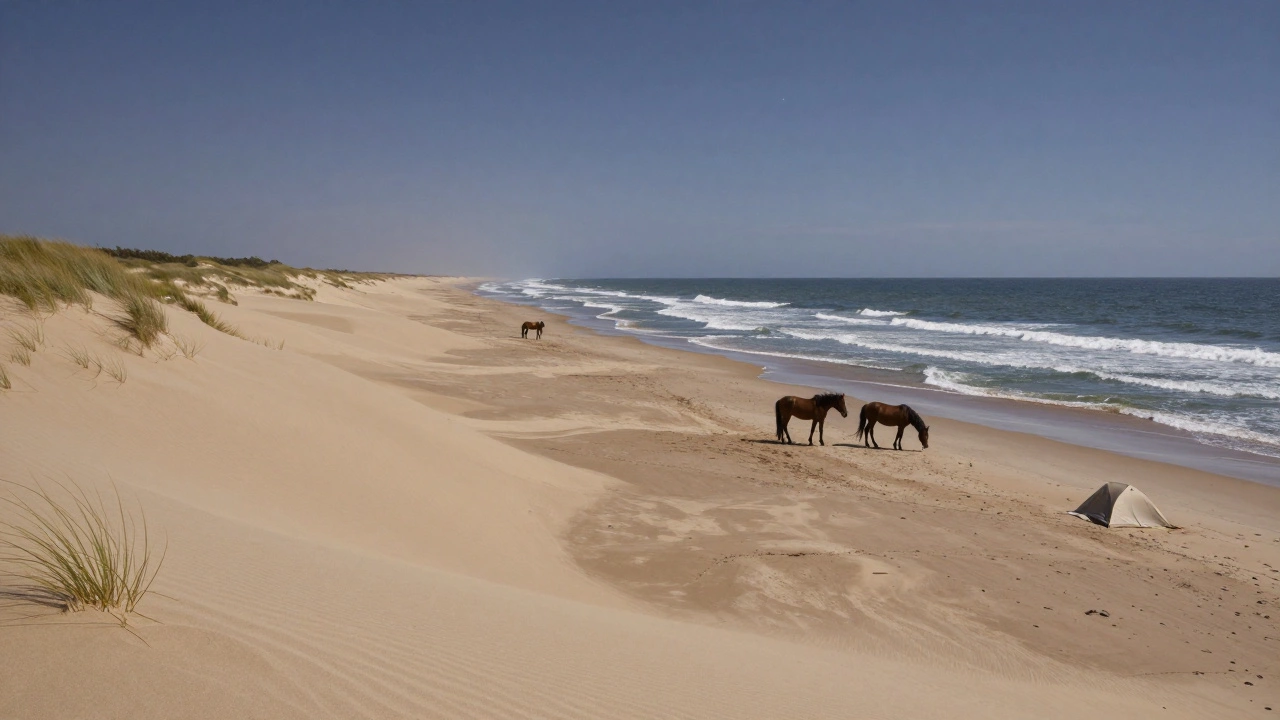 Wild horses on a remote barrier island beach under a twilight sky with no human structures.