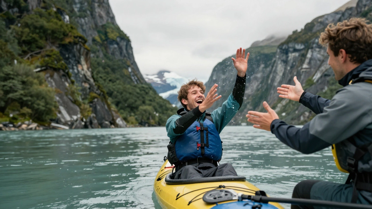 A beginner kayaker laughing as they fall into a calm river surrounded by dramatic cliffs.