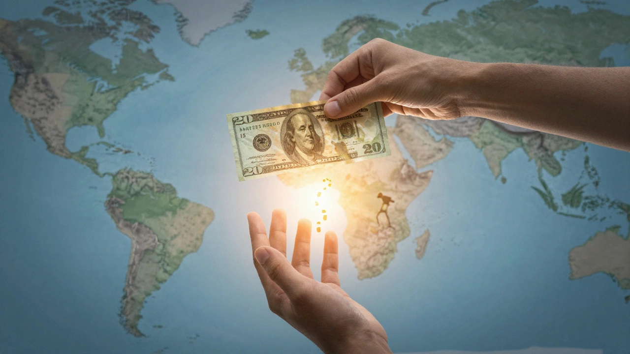 A  bill hovering above a map of Africa, Asia, and Latin America, with faint guide silhouettes reaching toward it.