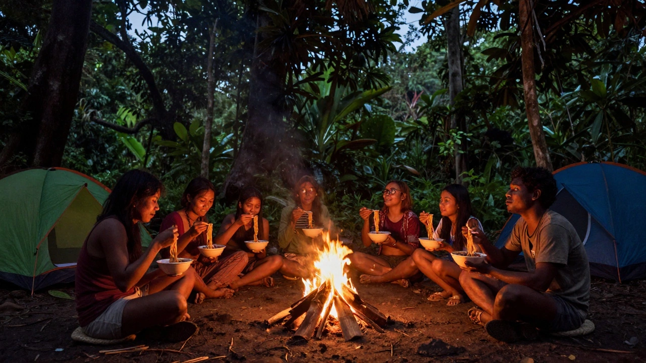 A group of travelers eating noodles by a campfire in a remote jungle at dusk.