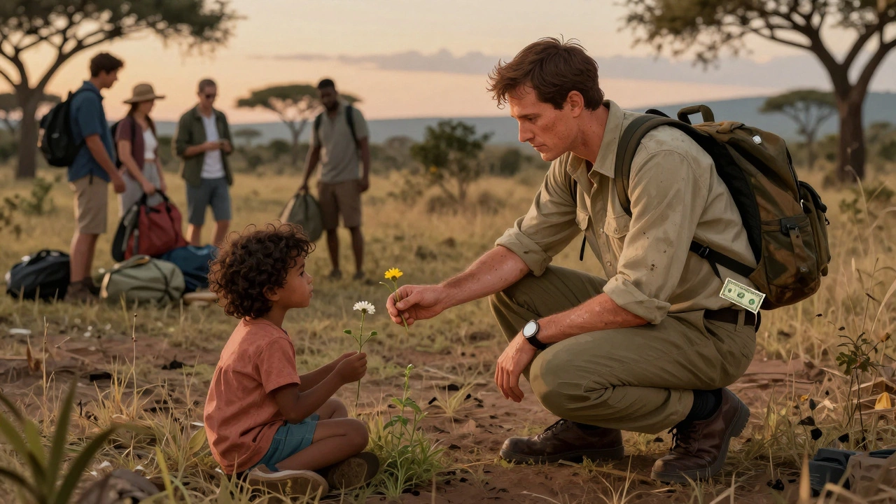 A guide in Kruger National Park offering a wildflower to a child as tourists quietly depart at dusk.