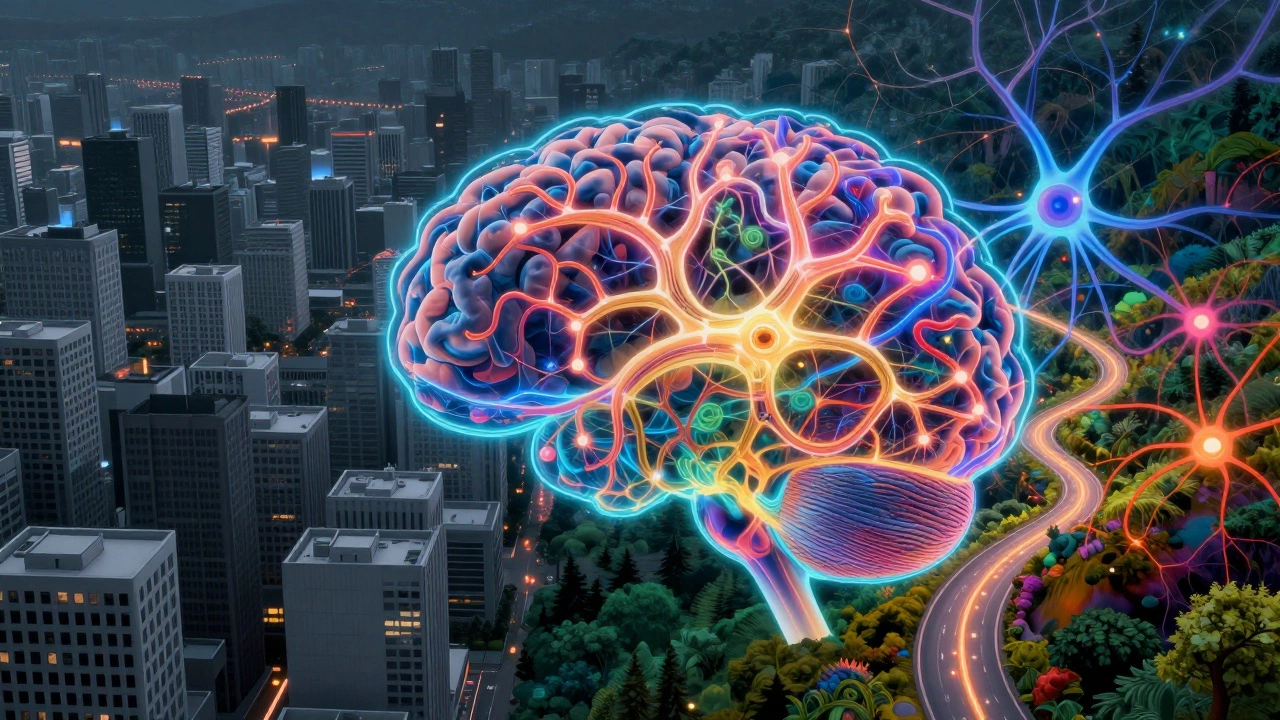 A neural network overlay showing brain activity shifting from dull cityscapes to vibrant natural pathways.