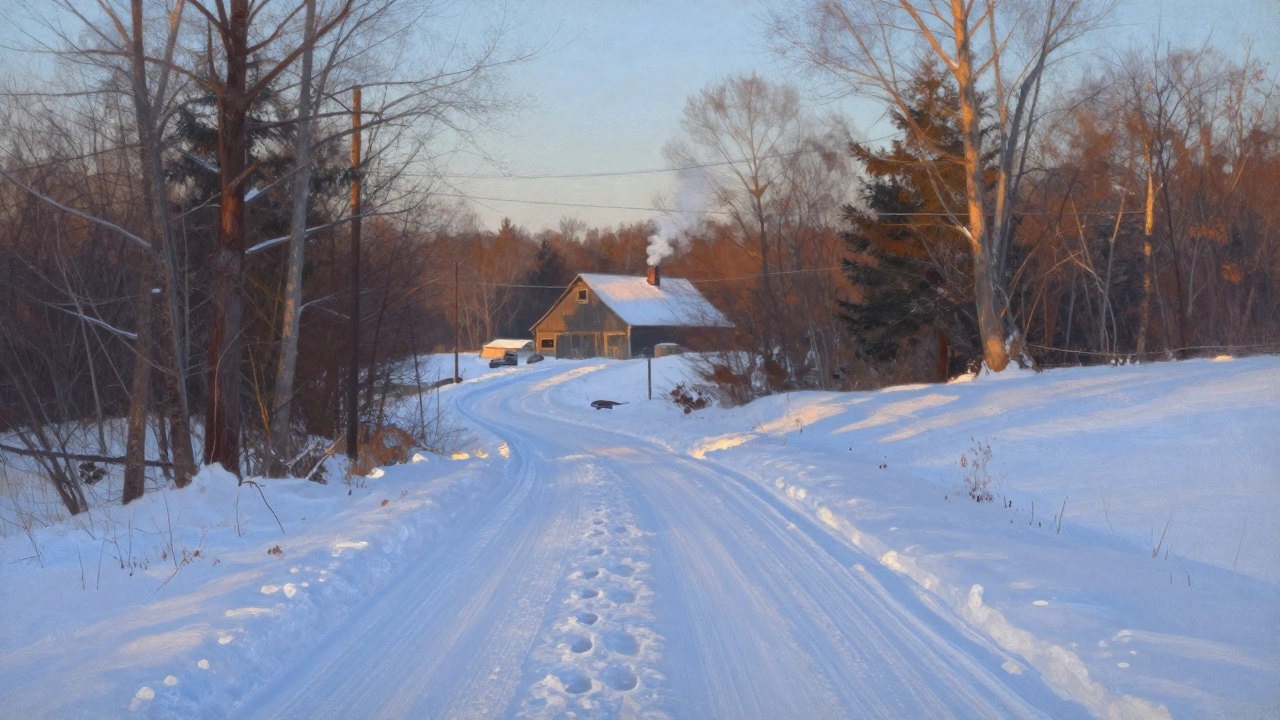 A quiet snow-covered forest road at dawn with no vehicles, only footprints leading to a distant barn.